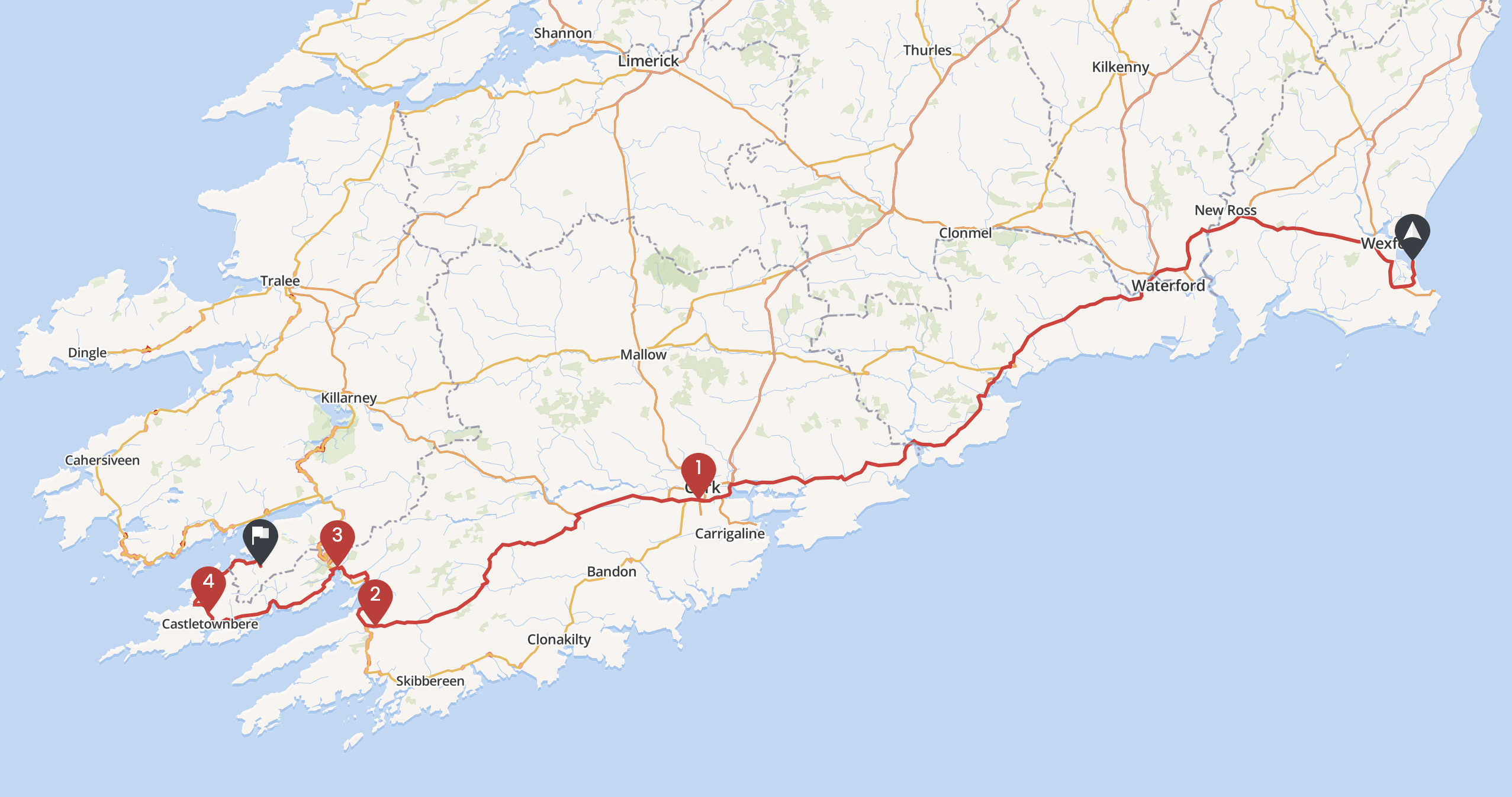 Route from Wexford to Kerry
